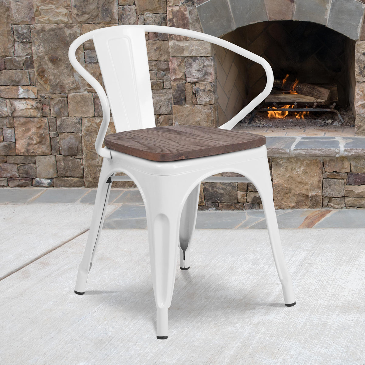 Flash Furniture White Metal Chair with Wood Seat and Arms - Restaurant Furniture