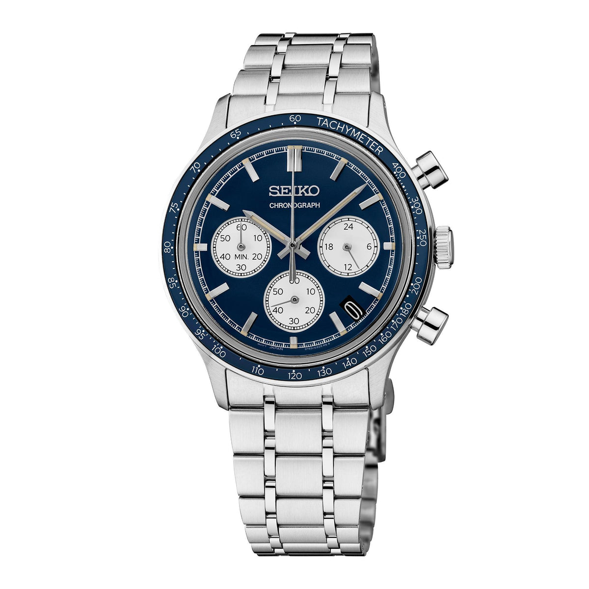 Seiko Mens Essentials Chronograph Silver-Tone Stainless Steel Watch Blue Dial
