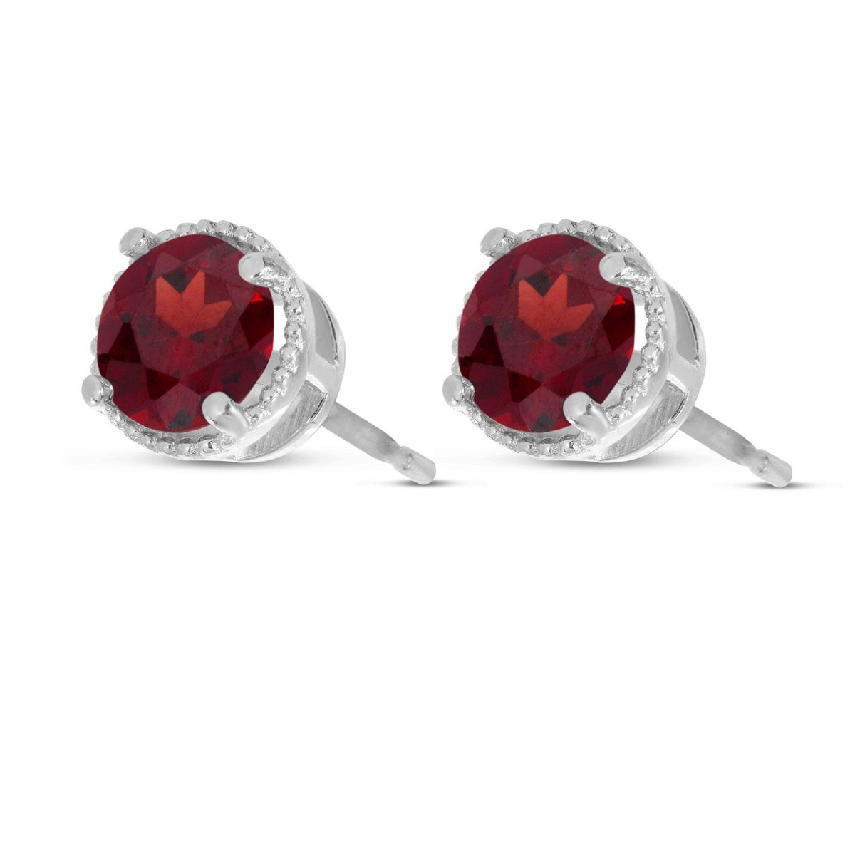 Distinctive 14K White Gold Round Garnet Millgrain Halo Earrings