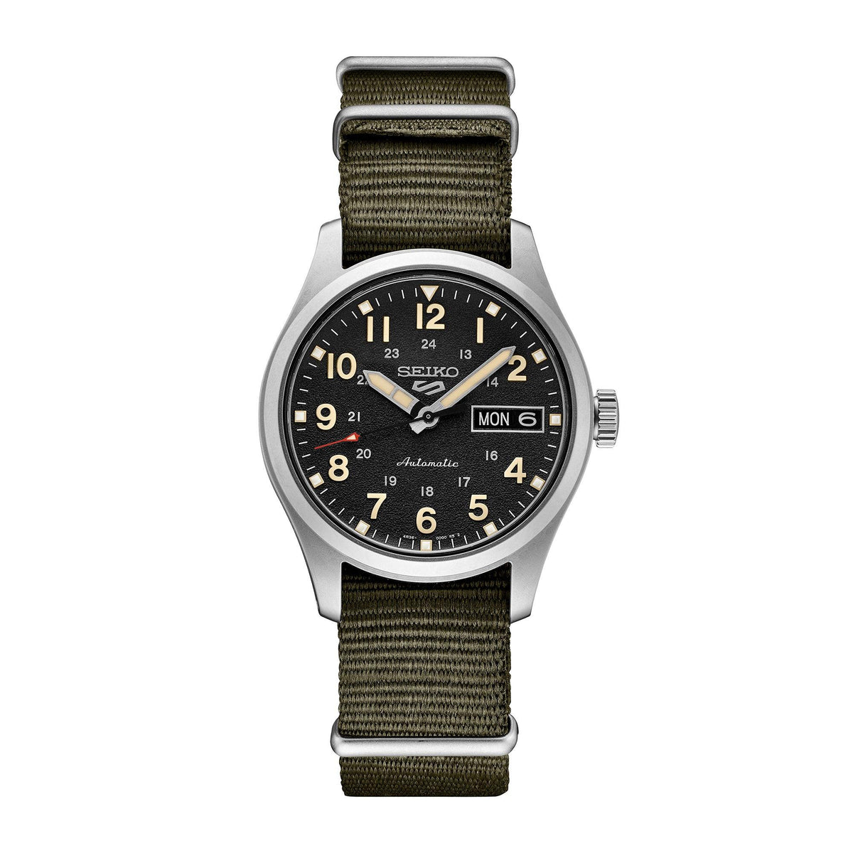 Men's Seiko 5 Sport Automatic Silver & Olive Green Nylon Strap Watch Black Dial