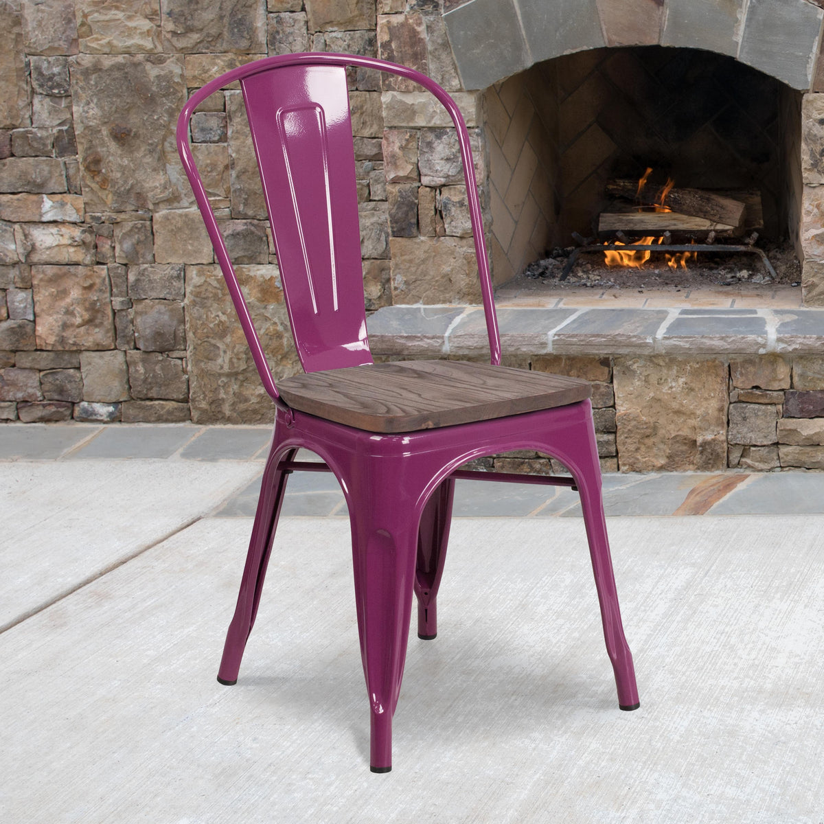 Flash Furniture Purple Metal Stackable Chair with Wood Seat - Kitchen Furniture - Caf Chair