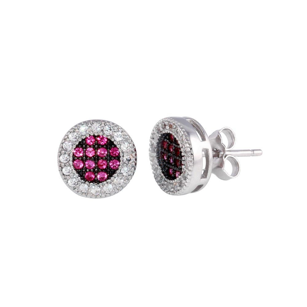 PARIKHS Rhodium Plated Clear and Red CZ Halo Stud Earring in 925 Sterling Silver