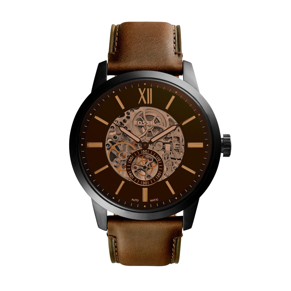 Fossil Men's Townsman Large Automatic Brown Leather Strap Watch Brown Dial