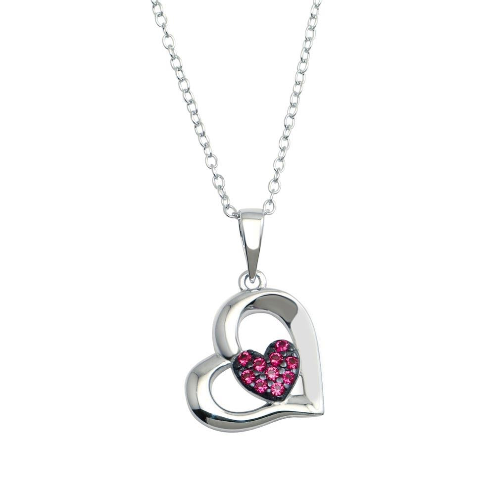 PARIKHS Rhodium Plated Heart Pendant Necklace with Red CZ in 925 Sterling Silver
