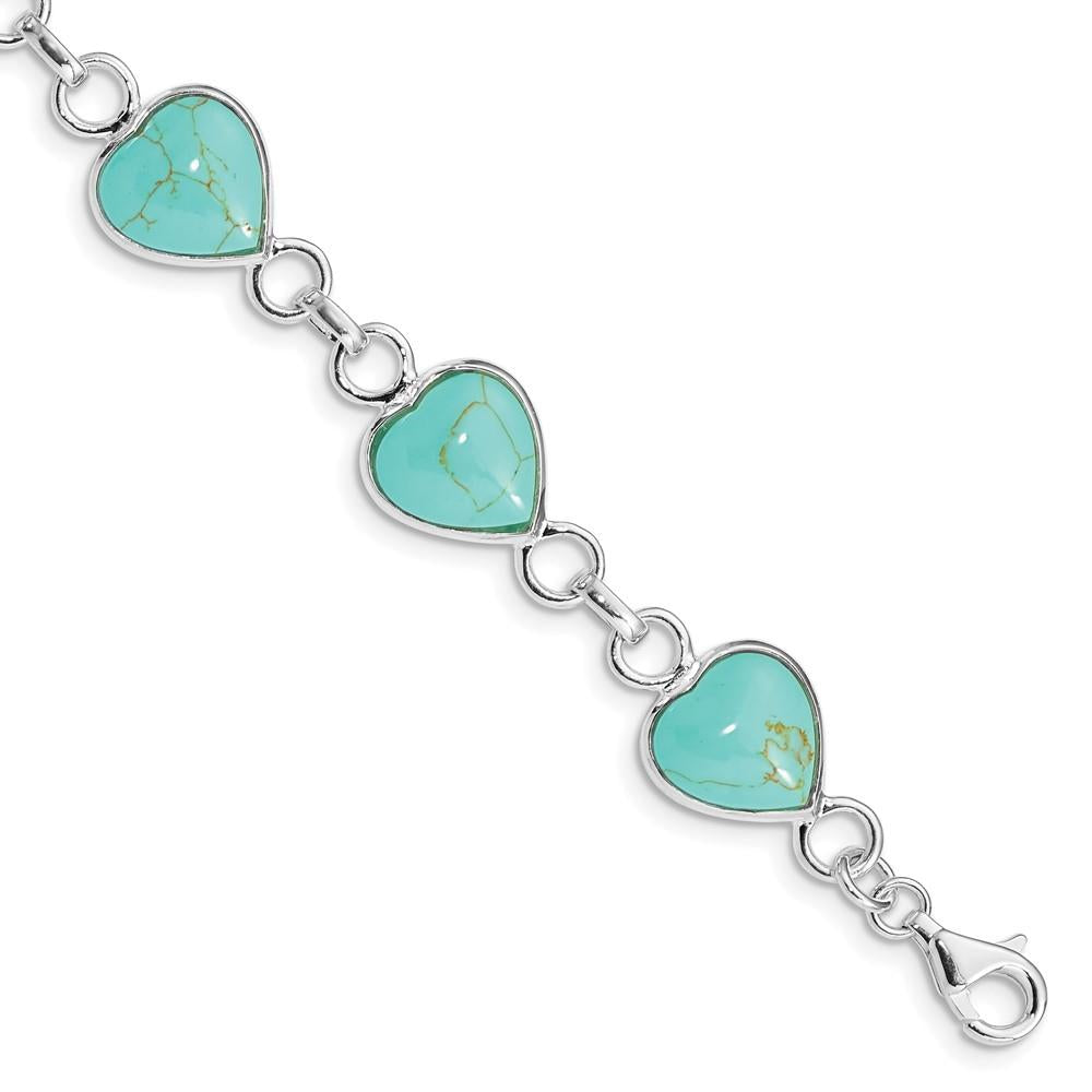 Distinctive Sterling Silver Rhodium-Plated Heart-shaped Turquoise Bracelet