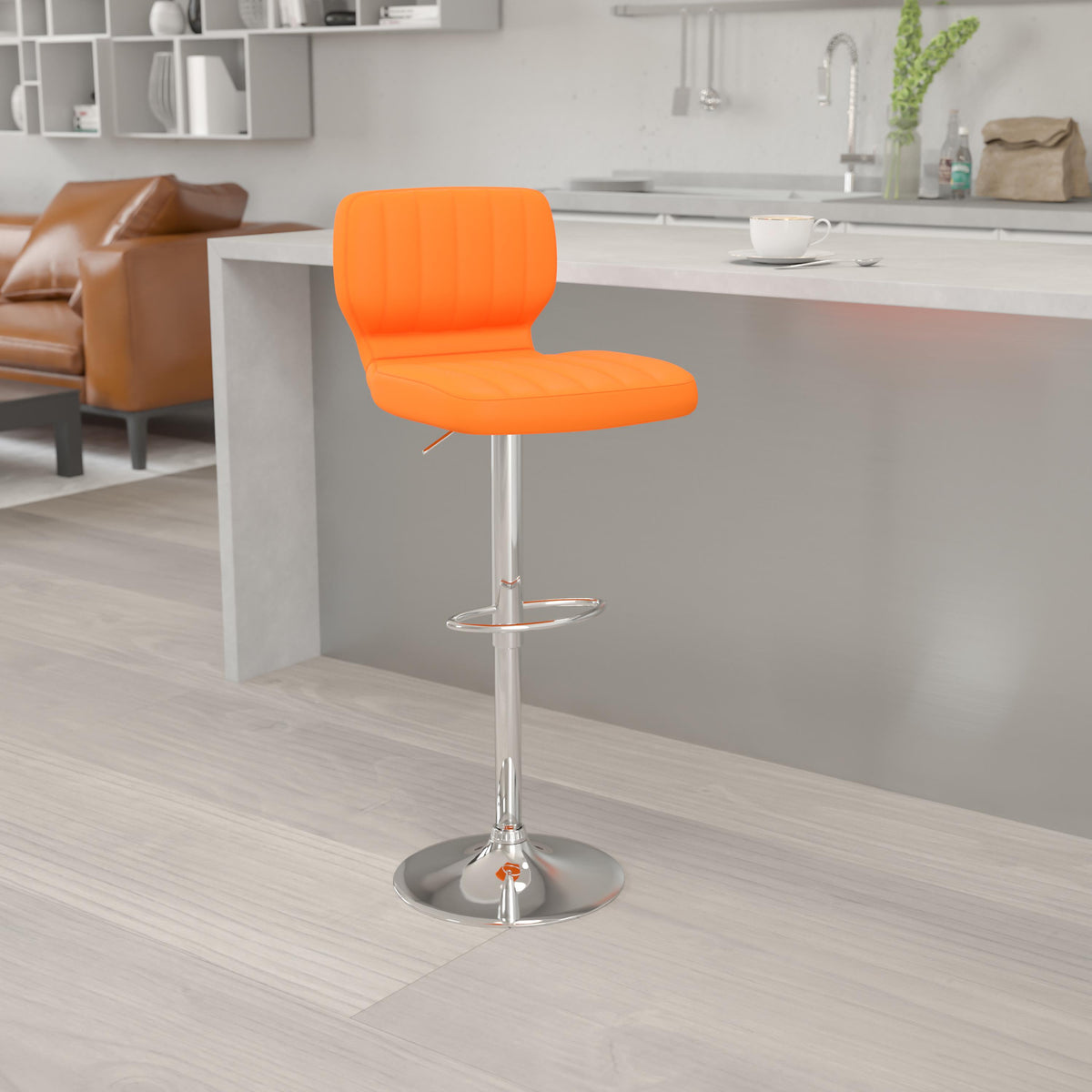Flash Furniture White Vinyl Adjustable Height Barstool w/ Vertical Stitch Back & Chrome Base