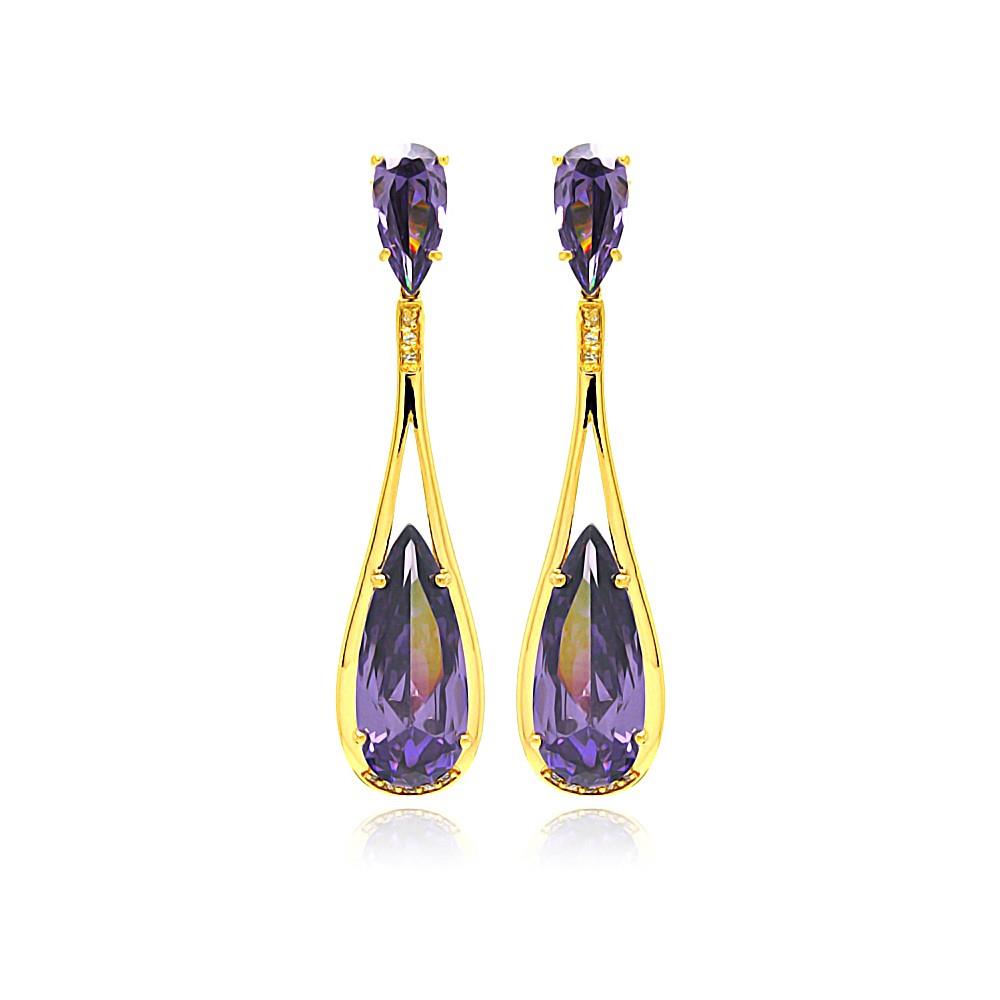PARIKHS Rose Gold Rhodium Plated Purple Teardrop CZ Dangling Stud Earring in 925 Sterling Silver