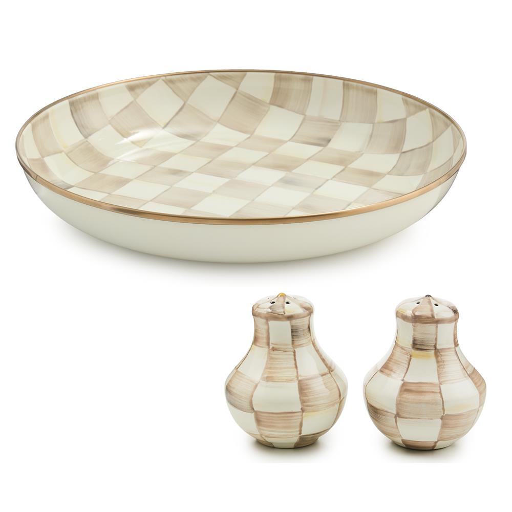 MacKenzie Childs Mocha Check Abundant Bowl & Shakers