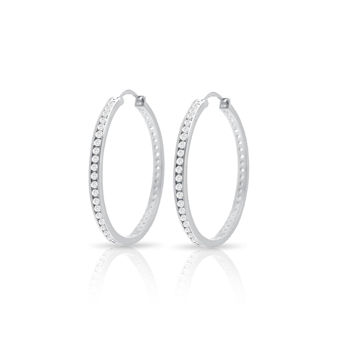 PARIKHS Rhodium Plated Round Clear CZ Hoop Earrings in 925 Sterling Silver-40MM