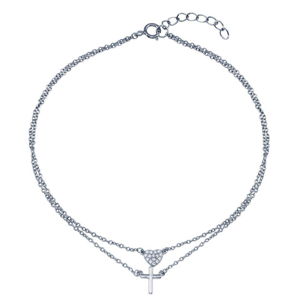 PARIKHS Rhodium Plated Double Row CZ Heart Cross Anklet in 925 Sterling Silver