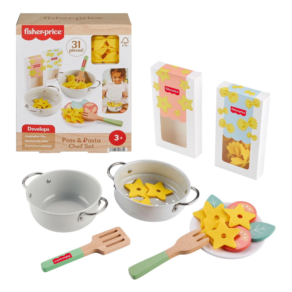 Fisher Price Wooden Toy Pots & Pasta Chef Set Ages 3+ Years