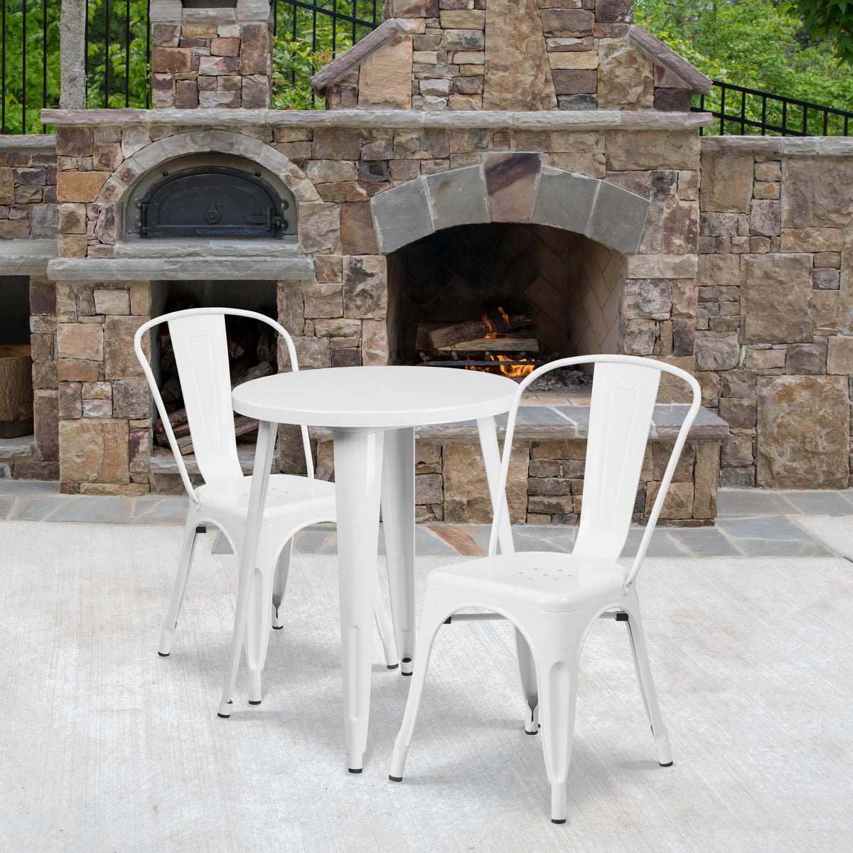 Flash Furniture 24" Round White Metal Indoor-Outdoor Table Set with 2 Cafe Chairs - Patio Set