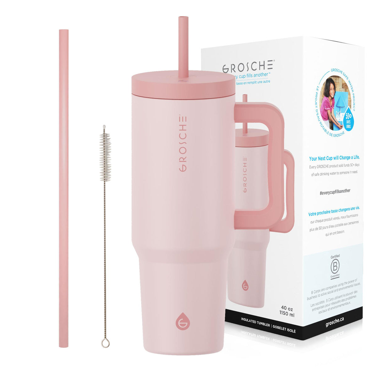 Grosche Aspen 40 oz. Insulated Straw Tumbler, Peach Rose Pink