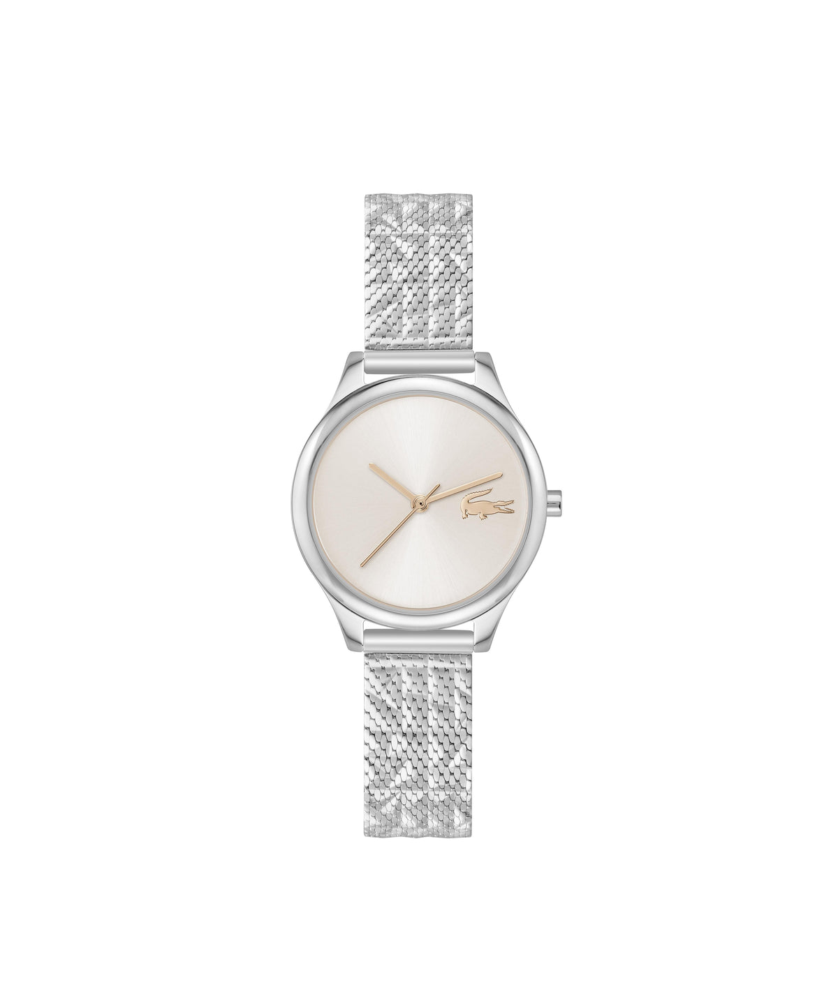 Lacoste Mini Crocodelle Ladies. Stainless Steel Case and textured Mesh bracelet. Blush Dial