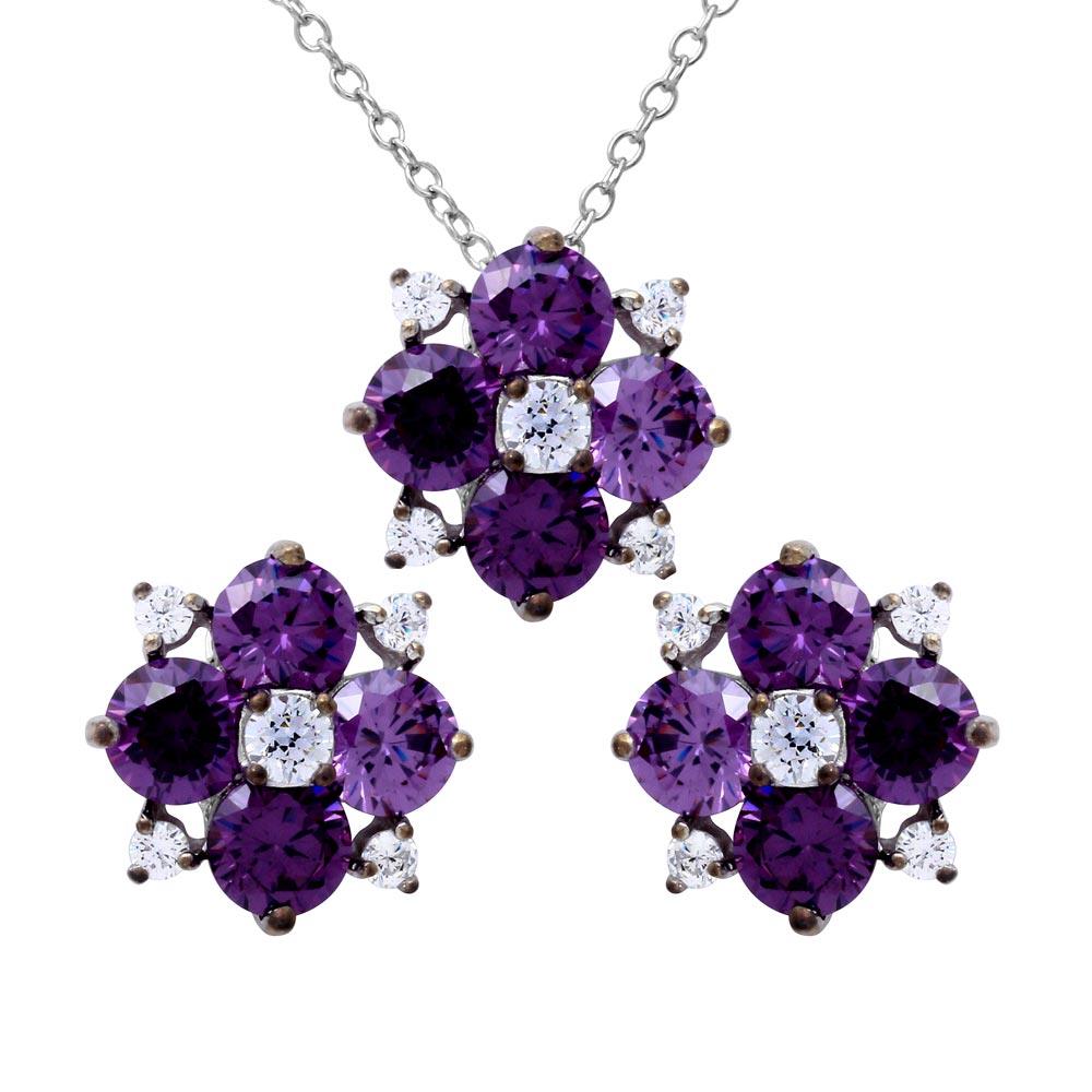 PARIKHS Rhodium Plated Purple Flower CZ Necklace-Earring Set in 925 Sterling Silver