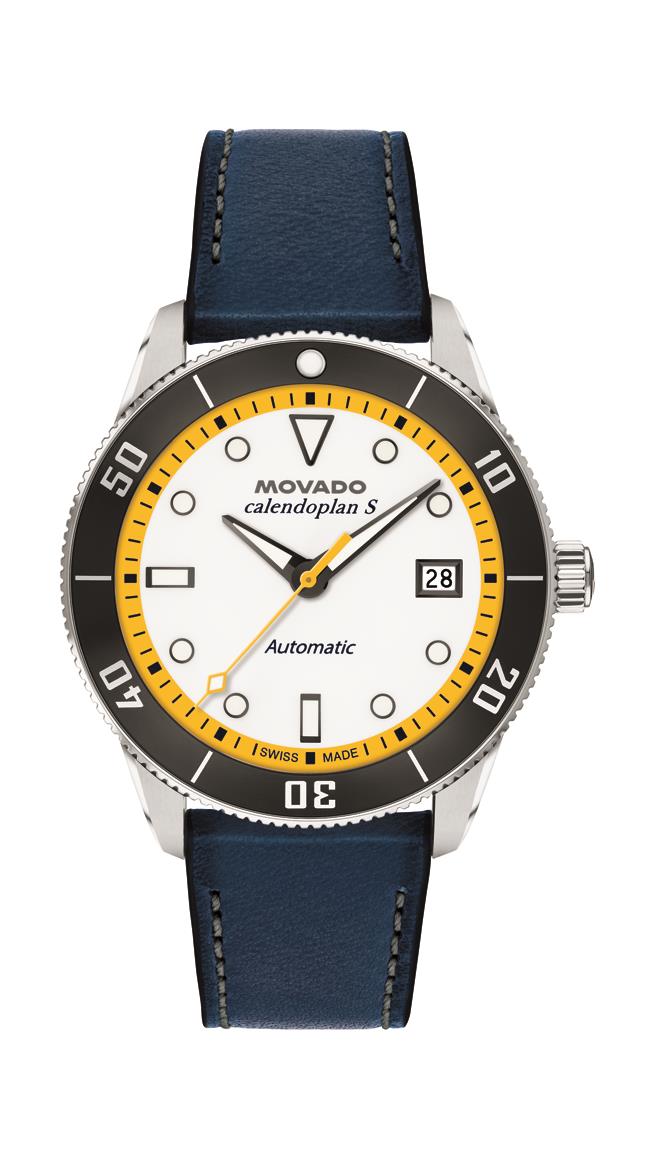 Movado Automatics Heritage calendoplan Automatic Gents. SS & grey aluminum Case. Blue Leather Strap. White Dial.