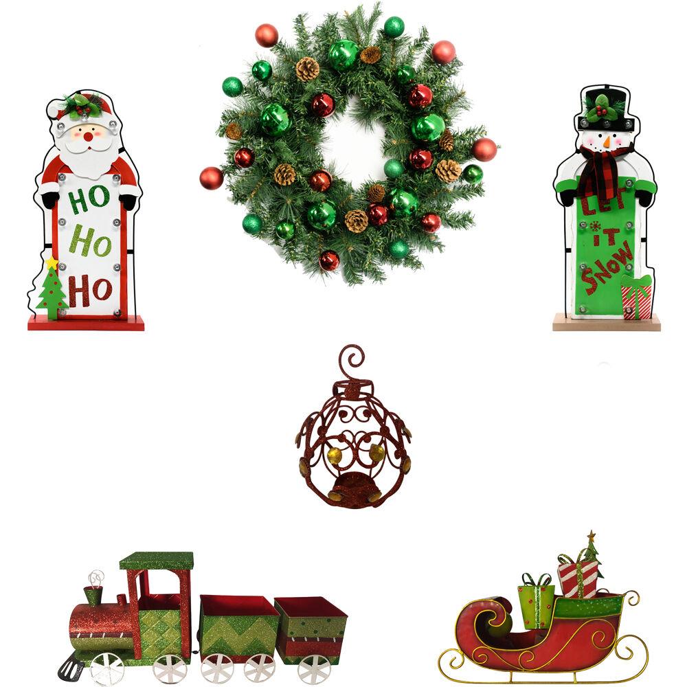 Fraser Hill Bright Christmas 6-Piece Decorating Kit: Wreath, Train, Sleigh, Lighted Ho Ho Ho, Lighted Let it Sno