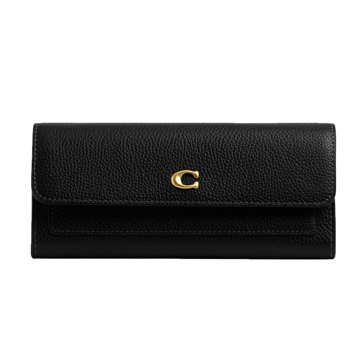 COACH Polished Pebble Leather Mila Long Wallet - Black/Brass