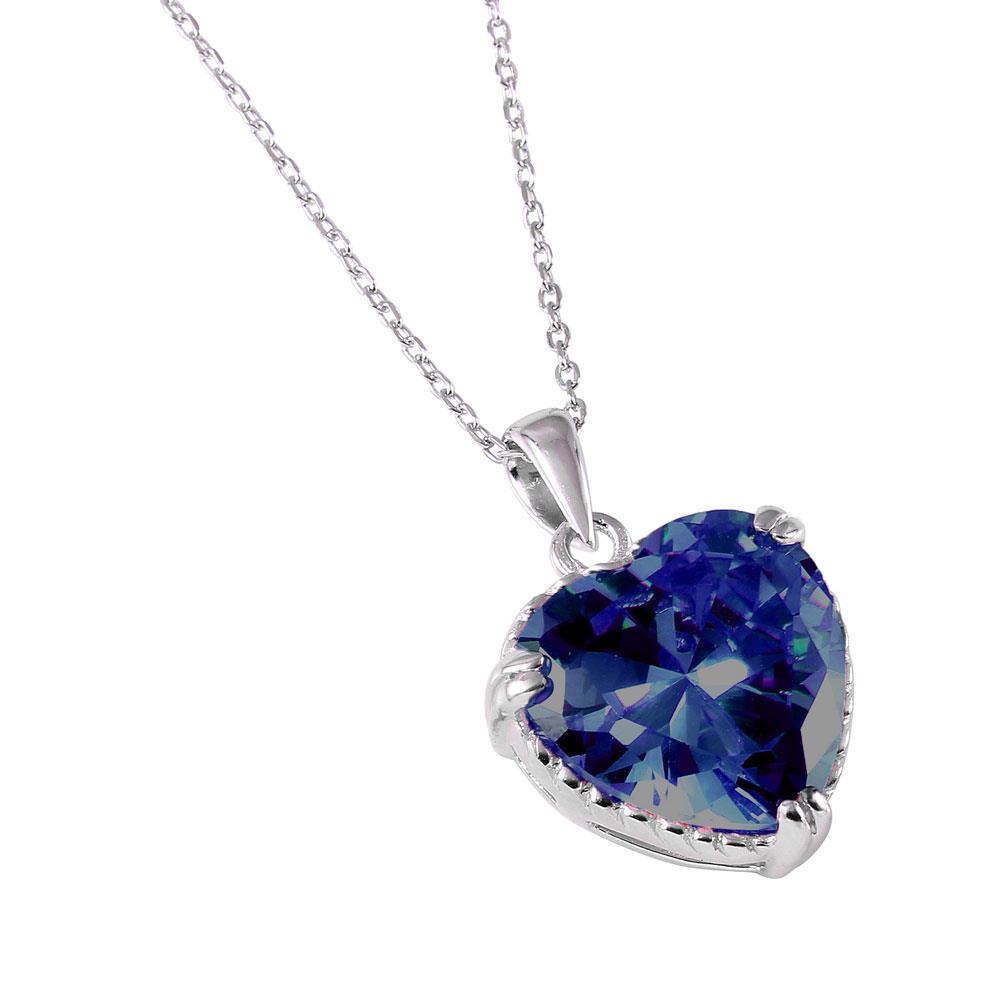 PARIKHS Rhodium Plated Blue Heart CZ Rope Necklace in 925 Sterling Silver