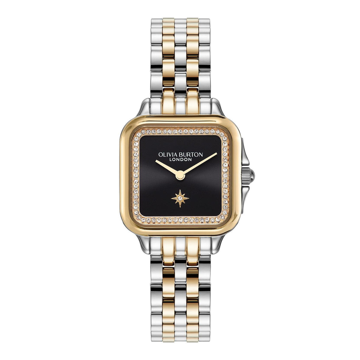 Olivia Burton Grosvenor. Two-Tone/Stainless Steel case & link bracelet. Black dial with North Star