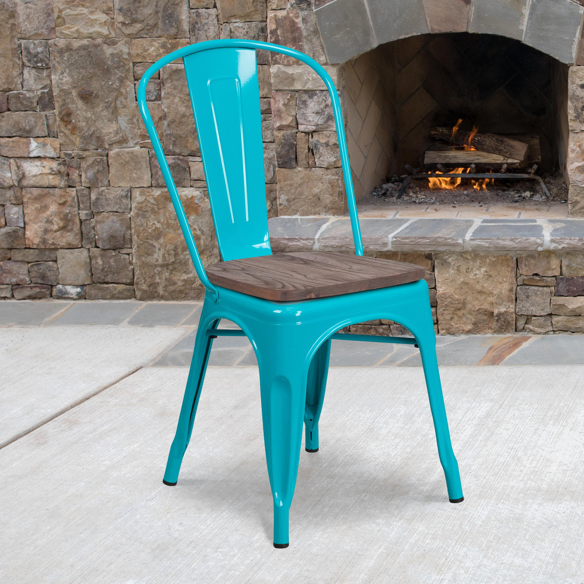 Flash Furniture Crystal Teal-Blue Metal Stackable Chair with Wood Seat - Kitchen Furniture