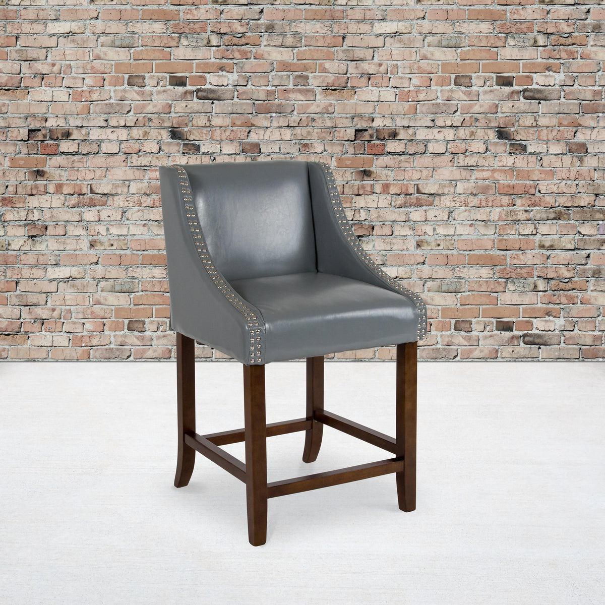 Flash Furniture 24" High Walnut Counter Height Stool with Lt Gray LeatherSoft Accent Nail Trim