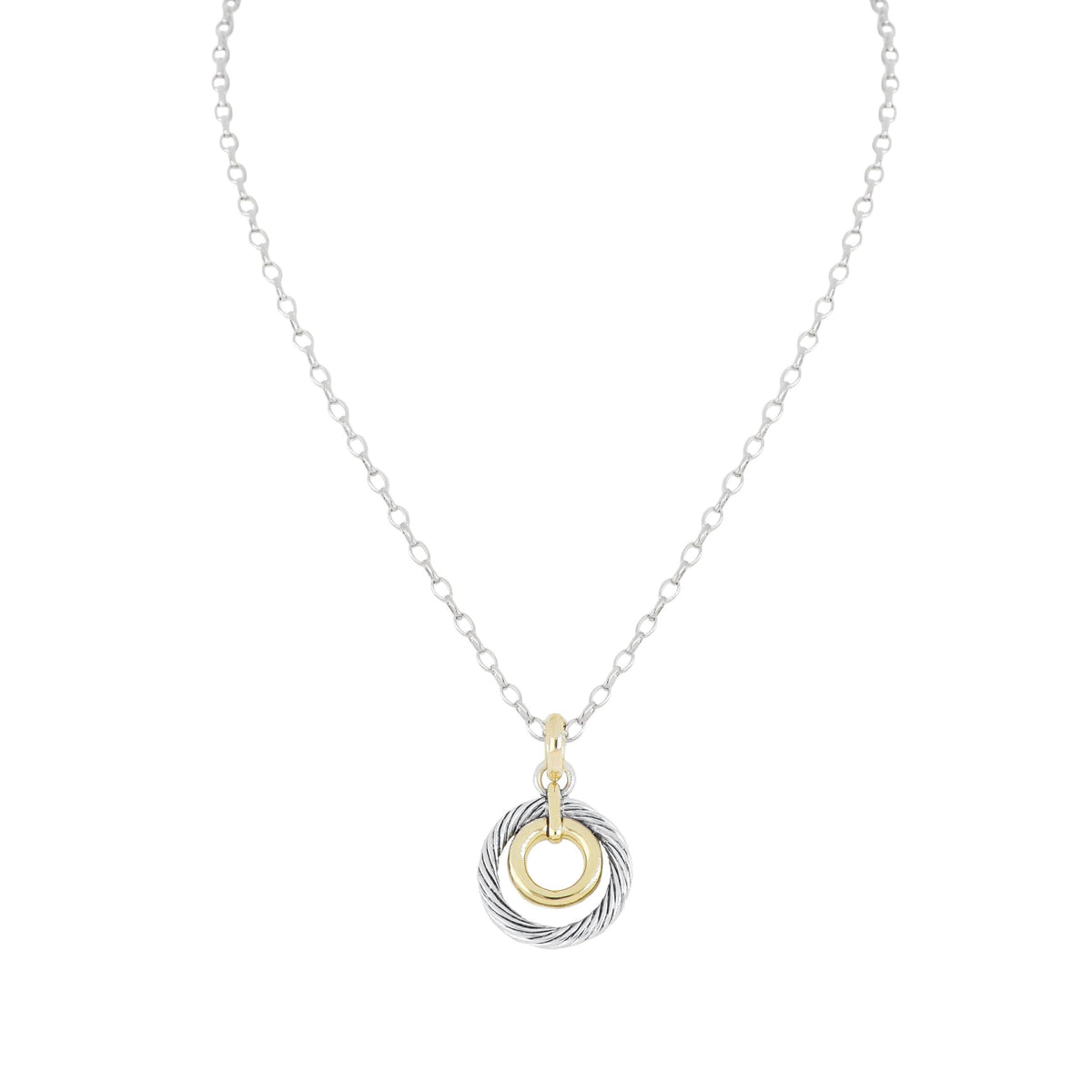 John Medeiros Cordo Circle in Gold Inset with Rhodium Twisted wire Inset Necklace Two Tone 16-18" Chain