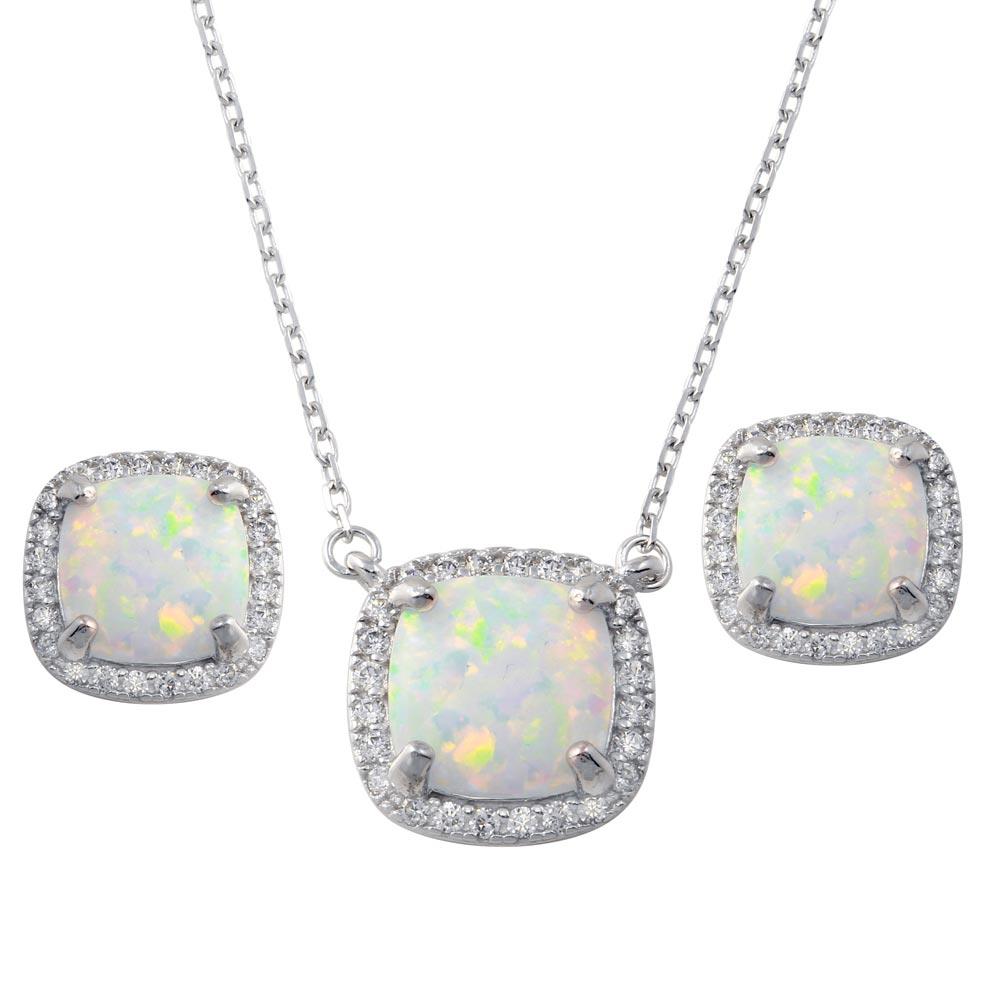PARIKHS Rhodium Plated Square Synthetic Opal, CZ Halo Necklace-Earring Set in 925 Sterling Silver