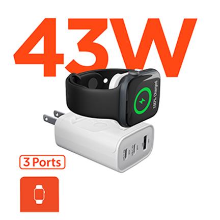 HYPERCEL HyperGear SpeedBoost 43W Three-Port USB-C PD Fast Wall Charger w/ Built-In AppleWatch Charger, White