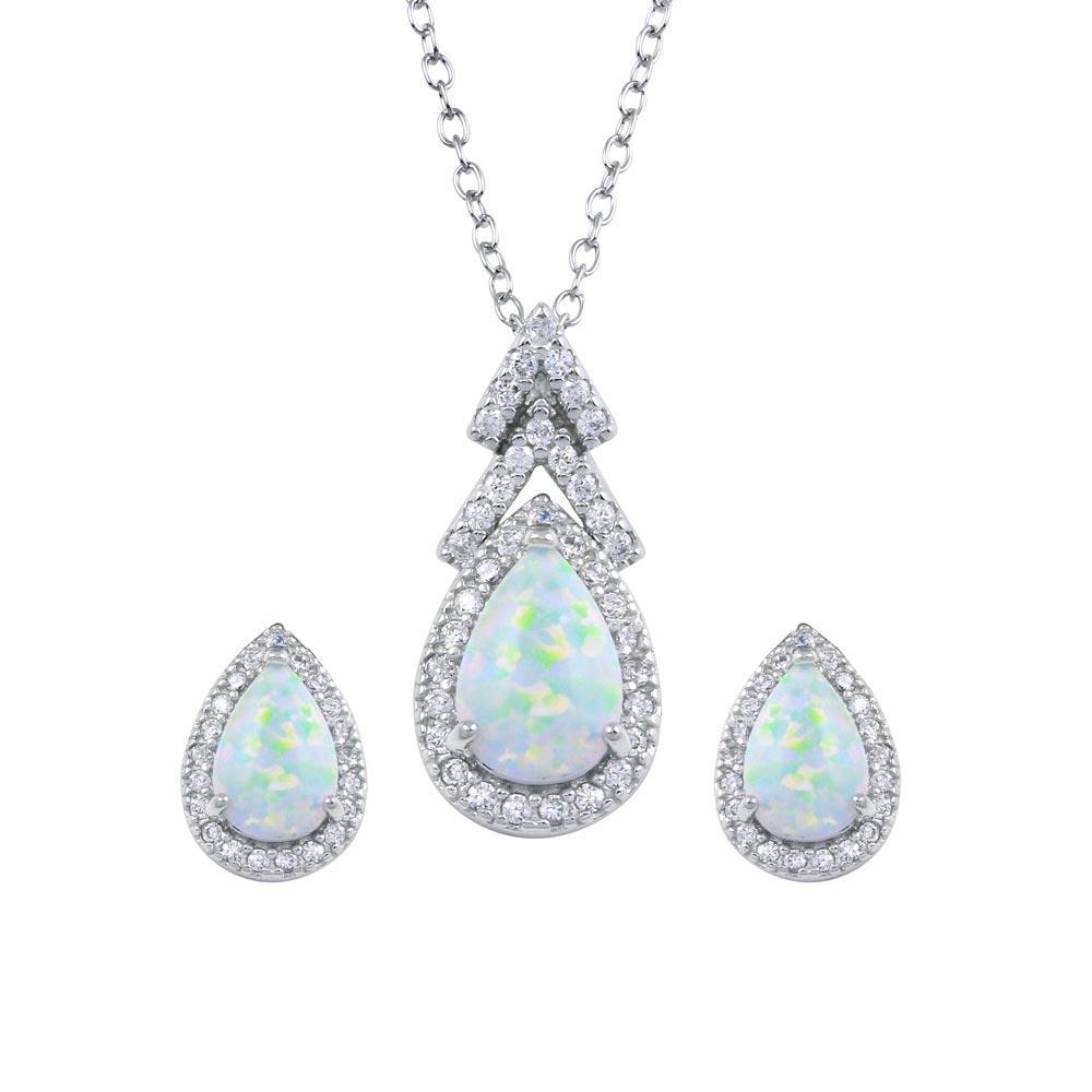 PARIKHS Rhodium Plated Synthetic Opal Teardrop CZ Necklace-Earring Set in 925 Sterling Silver