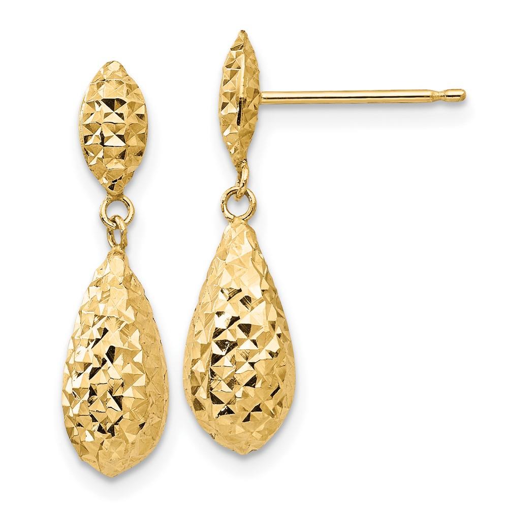 Distinctive 14k Diamond-cut Puff Teardrop Dangle Earrings