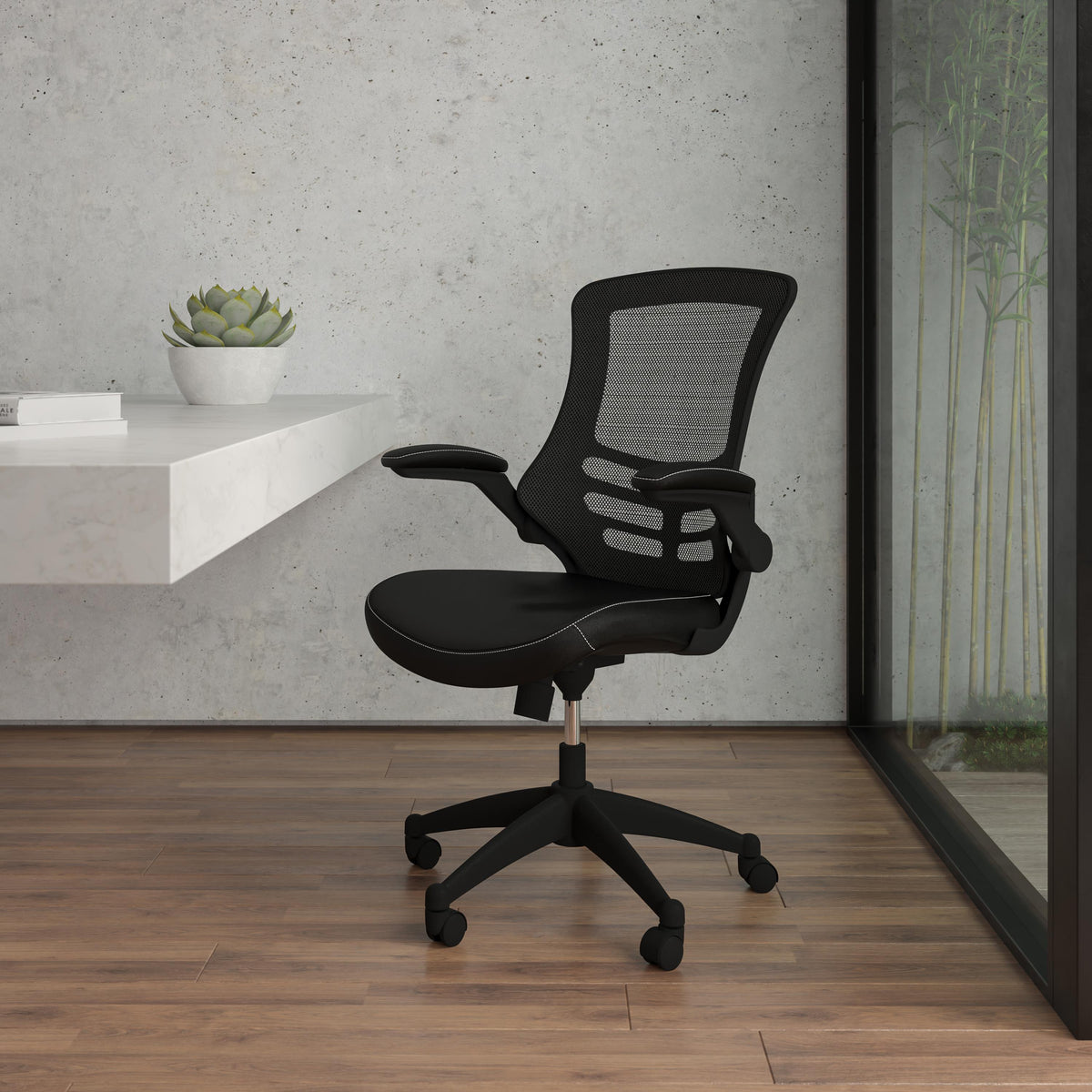Flash Furniture Mid-Back Black Mesh Ergonomic Task Chair with LeatherSoft Seat and Flip-Up Arms