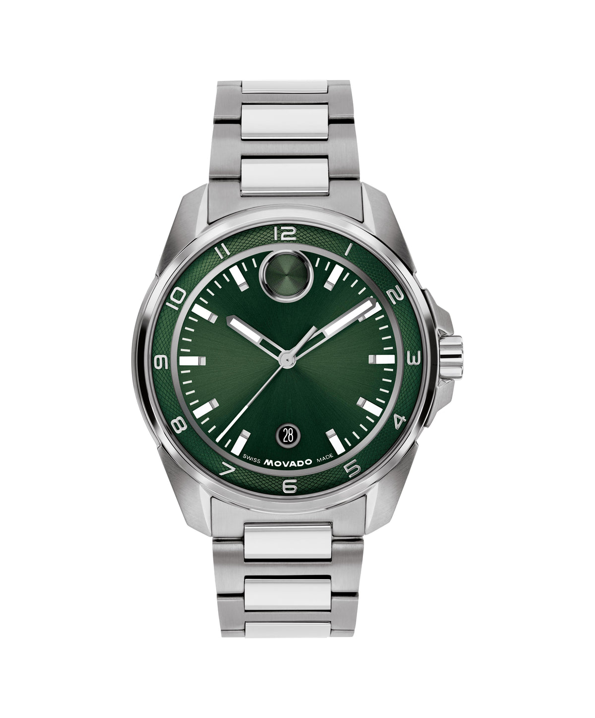 Movado Bold Verso S Gents. Stainless Steel Case and Bracelet. Green Dial.
