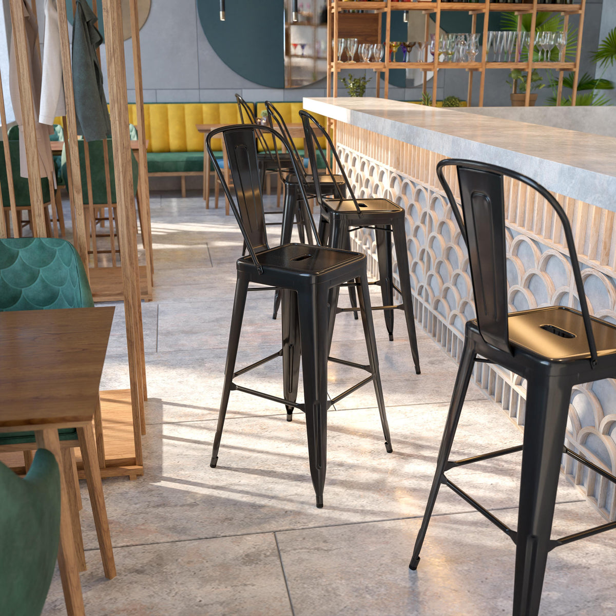 Flash Furniture 30" High Green Metal Indoor-Outdoor Barstool with Back