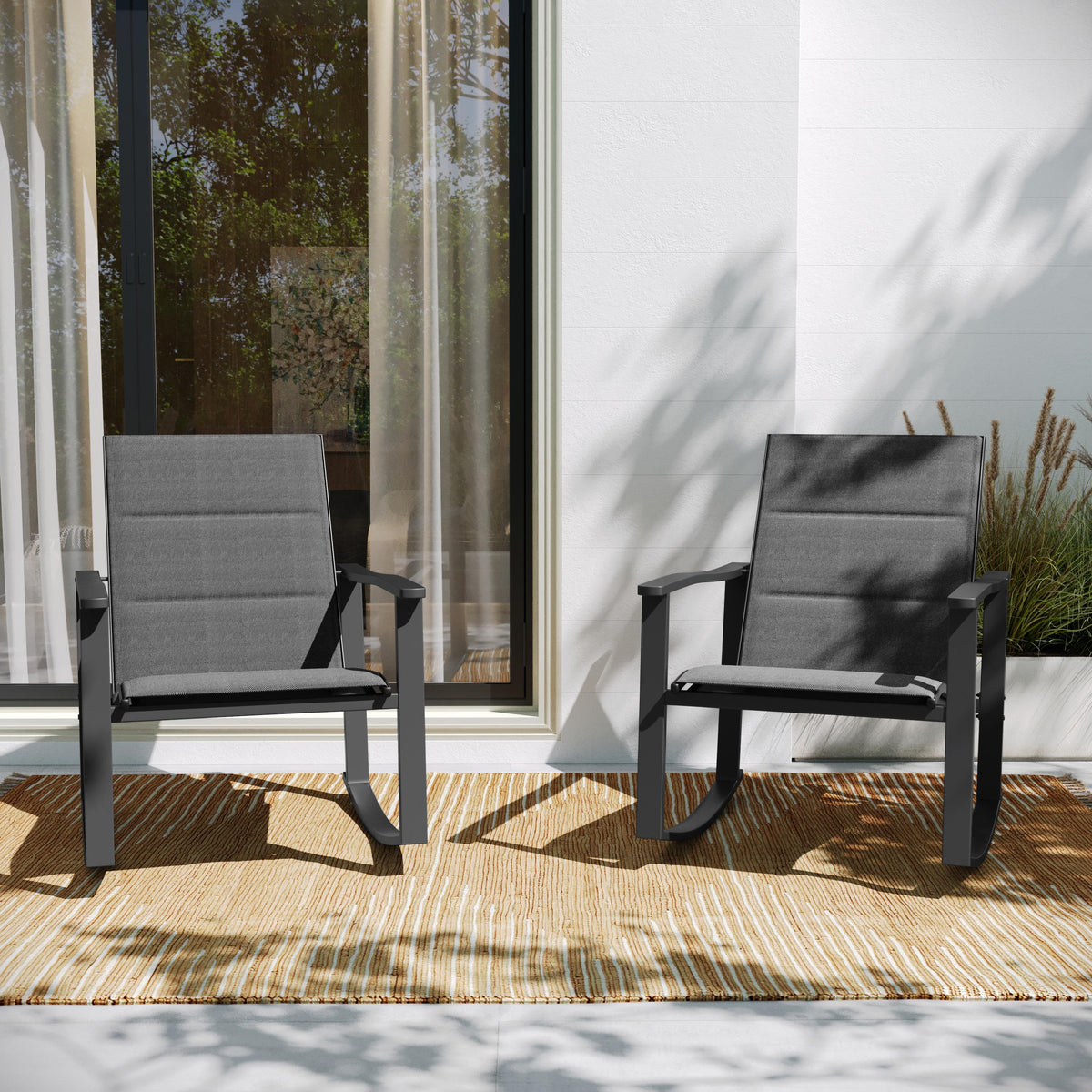 Flash Furniture Set of 2 All Weather Flex Comfort Rocking Chairs with Metal Frames-Gray/Black