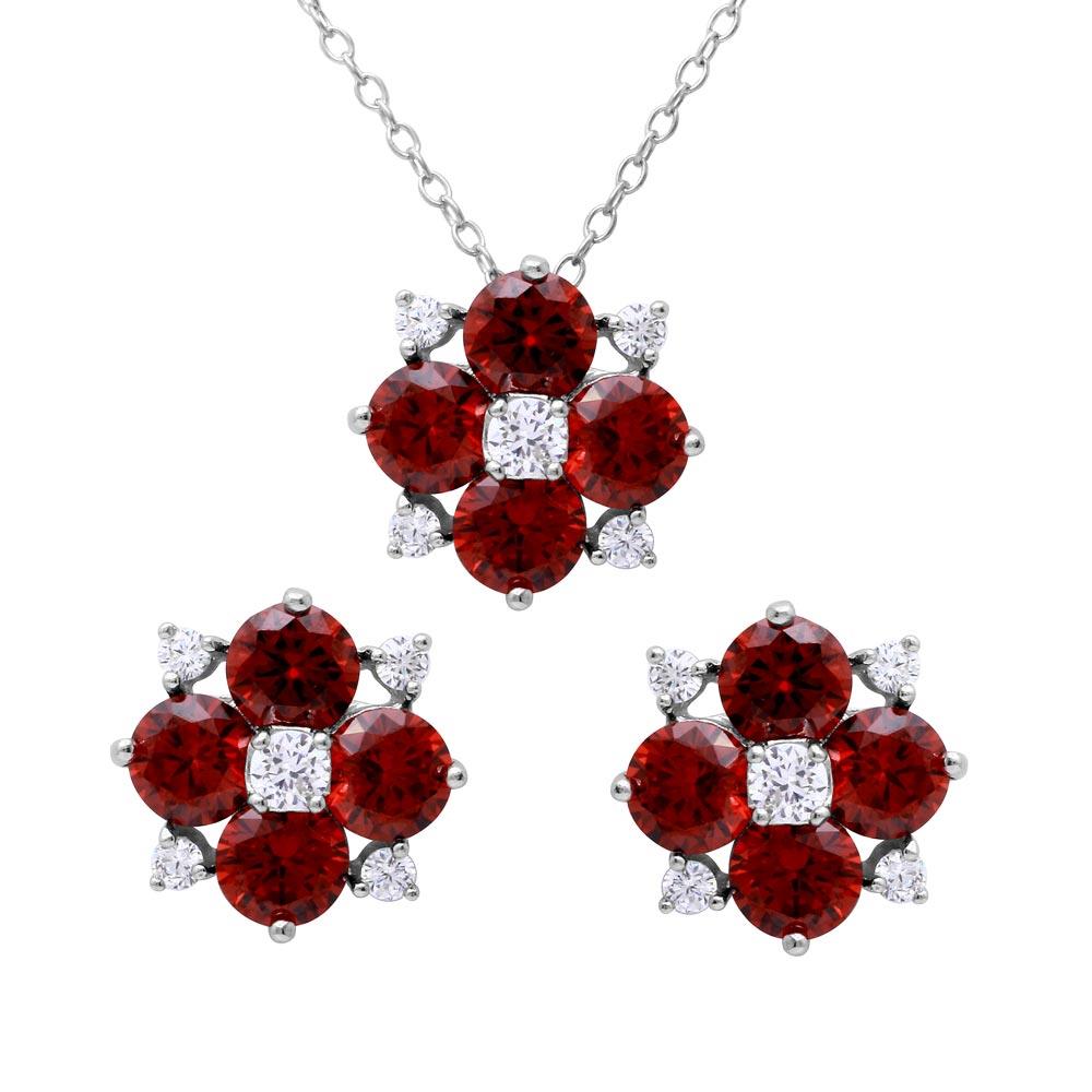 PARIKHS Rhodium Plated Red Flower CZ Necklace-Earring Set in 925 Sterling Silver