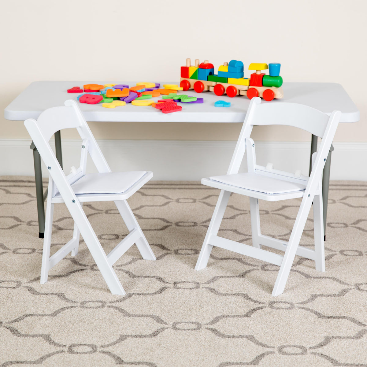 Flash Furniture 2 Pack Kids White Resin Folding Chair with White Vinyl Padded Seat