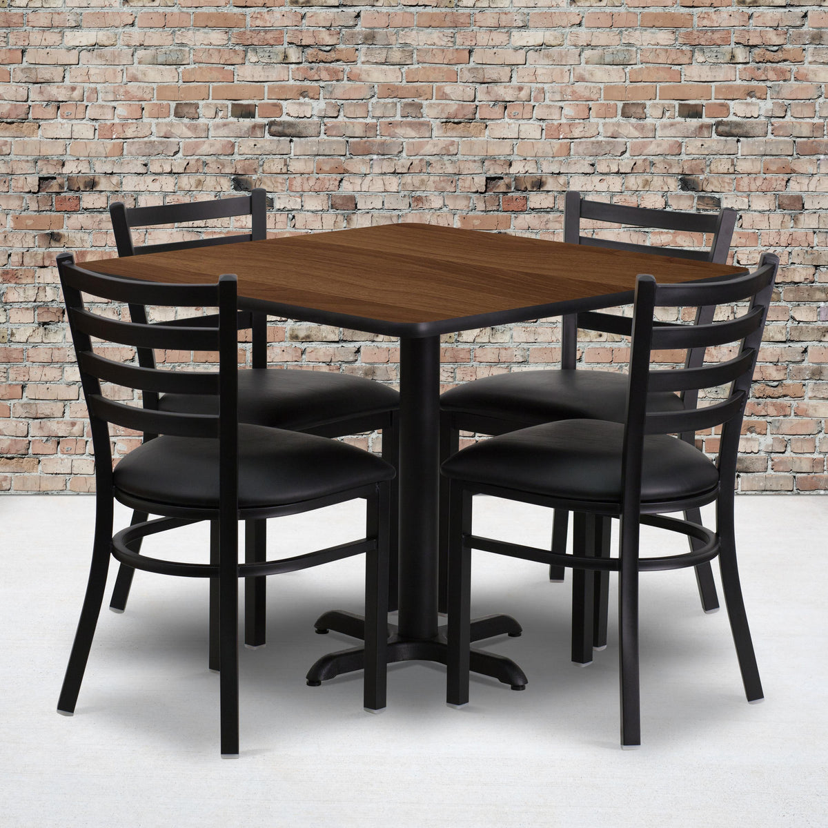 Flash Furniture 36" Square Walnut Laminate Table with X-Base & 4 Metal Chairs - Black Vinyl Seat