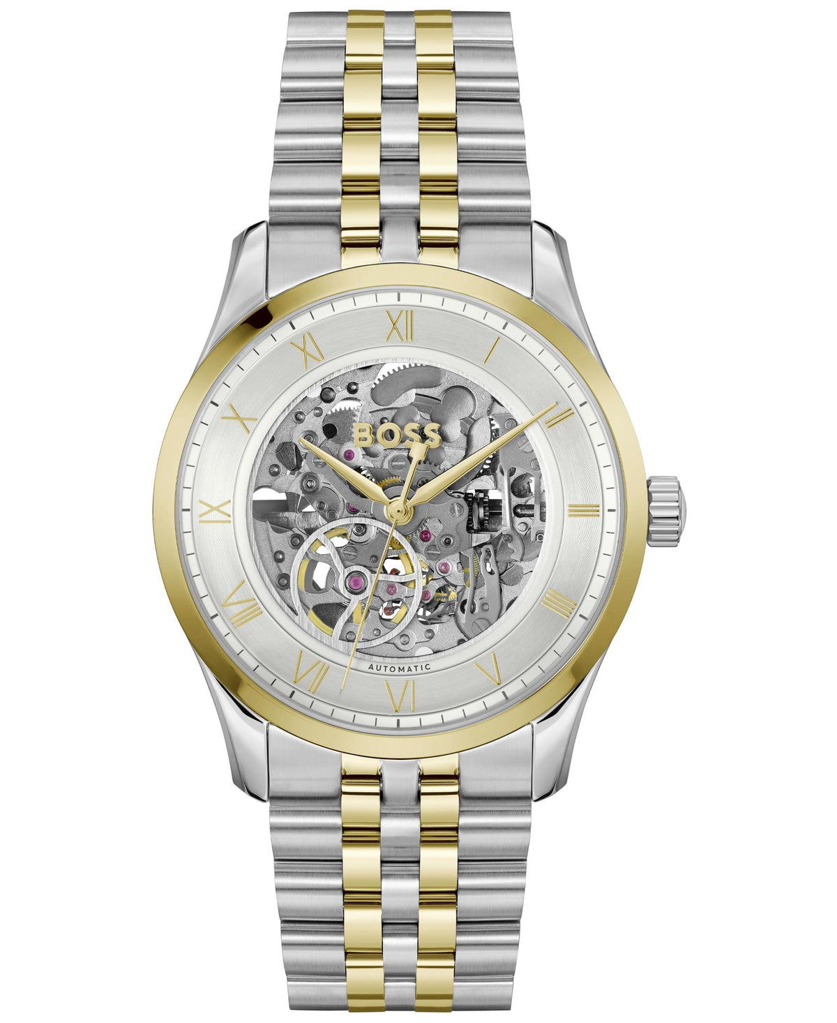 HUGO BOSS Boss Principle Skeleton Gents. Stainless Steel/Yellow Gold IP Case & Bracelet. Silver White Dial.
