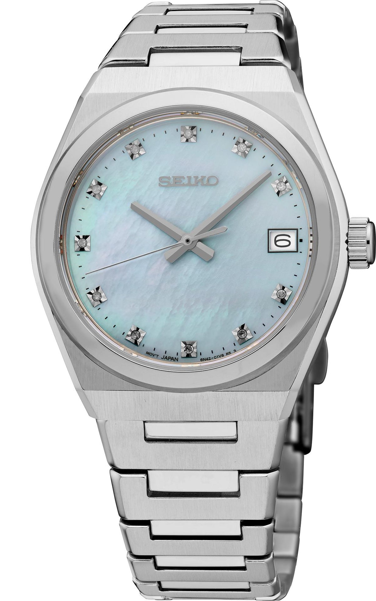Seiko Watch Diamonds SS Quartz Blue Mother of Pearl Dial