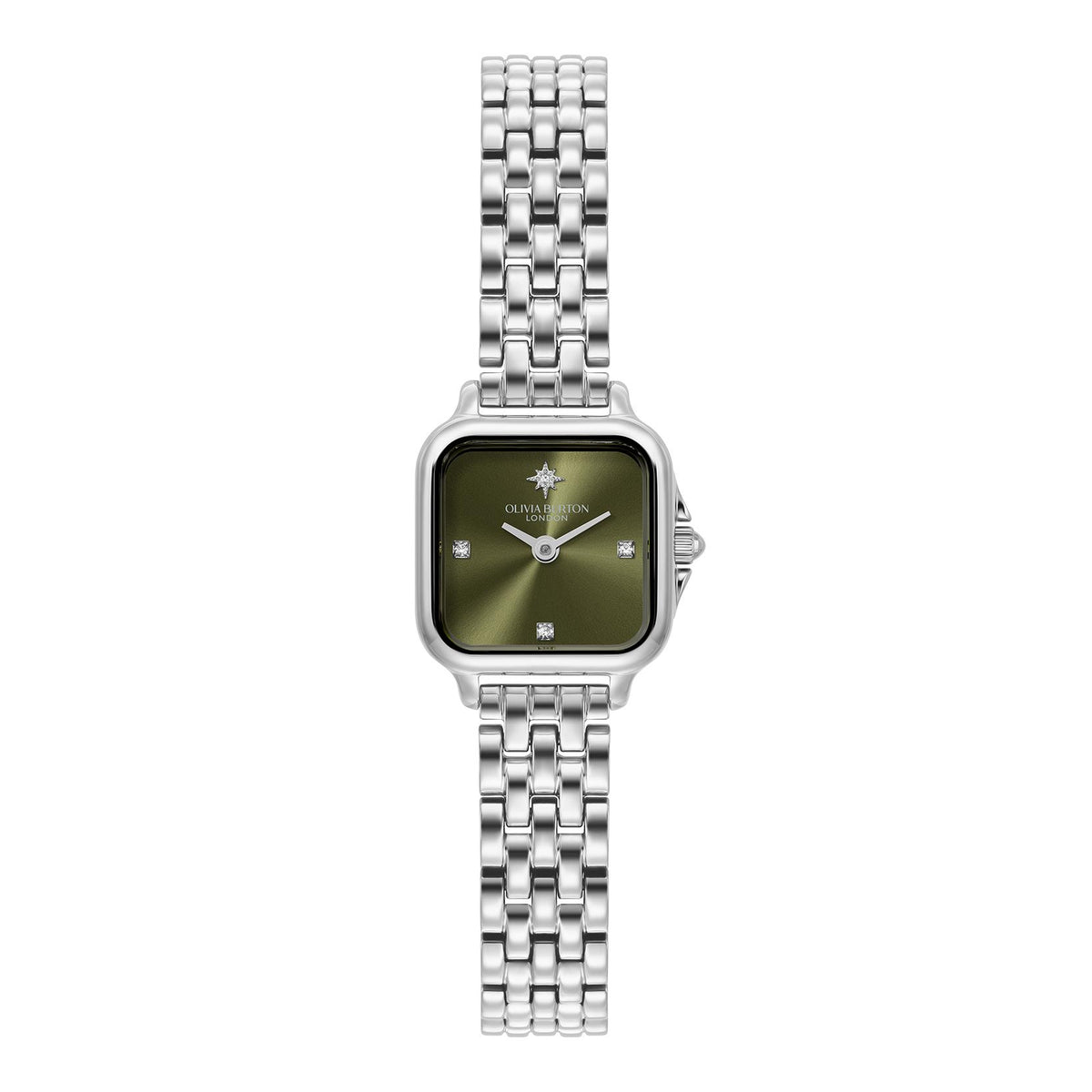Olivia Burton Grosvenor mini. Stainless Steel case & link bracelet. Sage dial with North Star