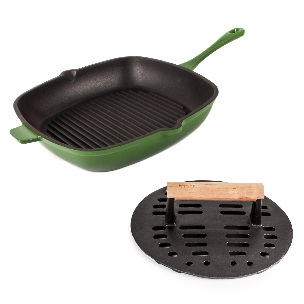 BergHOFF Neo 2pc Cast Iron 11" Grill Pan with Slotted Steak Press, Green
