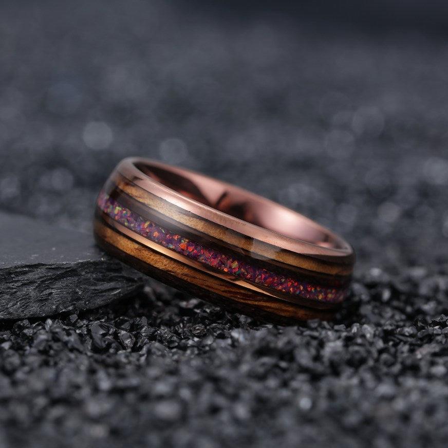 Joycoast Ringo - Tungsten + Koa Wood & Crushed Fire Opal Ring Size 14