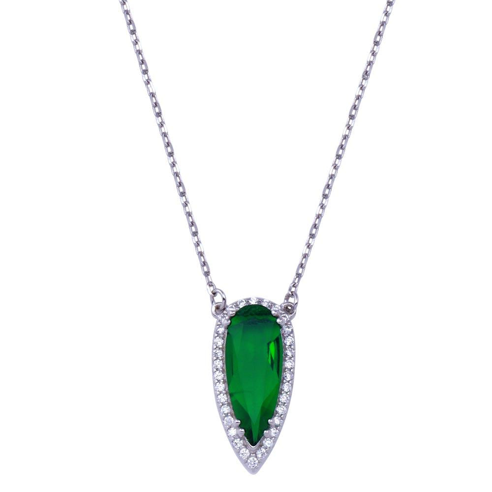 PARIKHS Rhodium Plated Teardrop Green and Clear CZ Necklace in 925 Sterling Silver