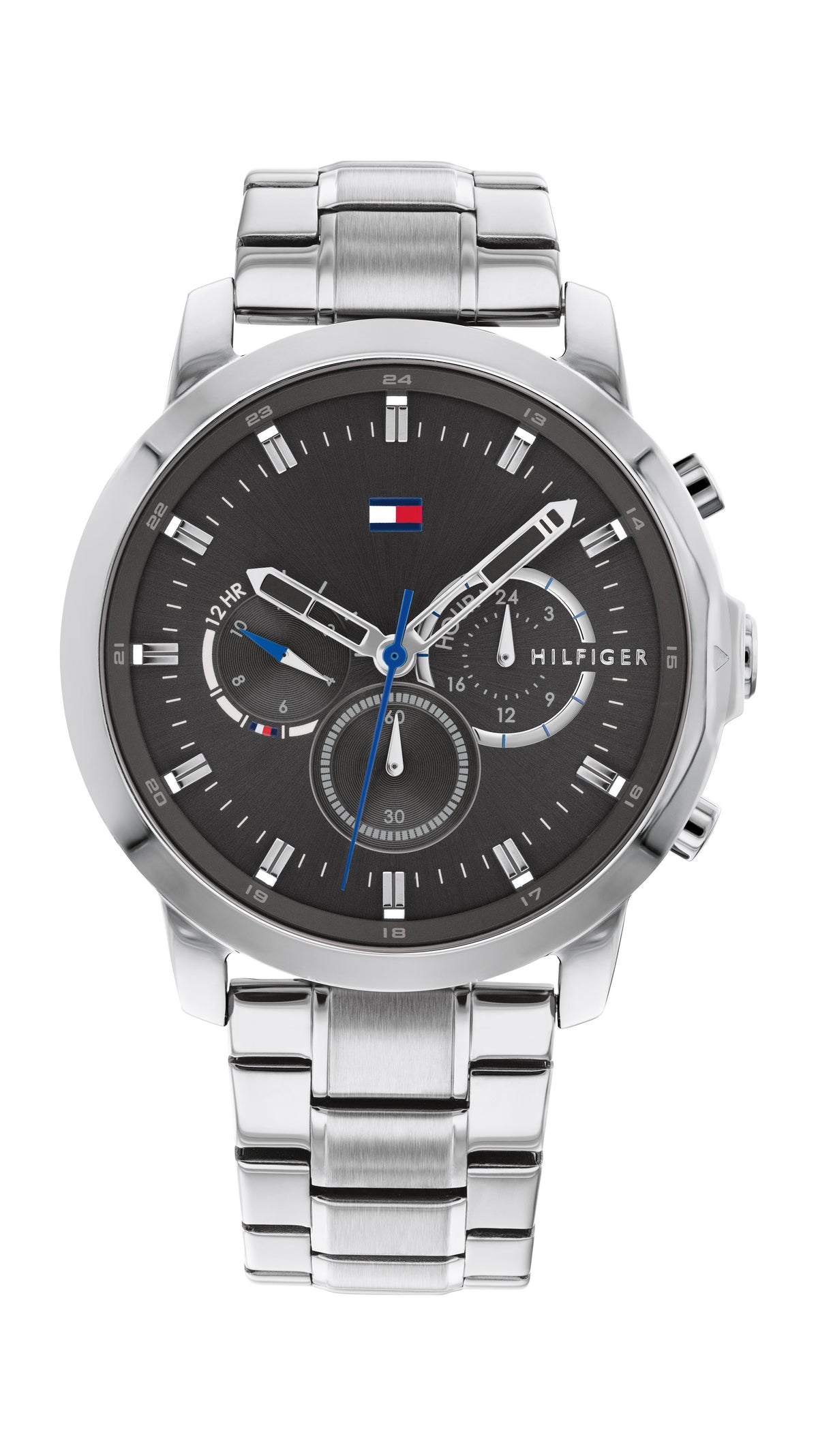 Tommy Hilfiger Mens. Stainless Steel Case and bracelet. Dark Grey multi-function dial