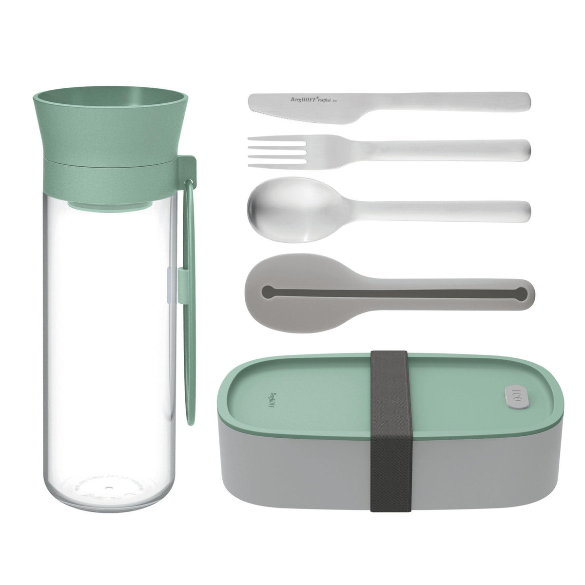 BergHOFF Leo Water Bottle, Flatware & Bento Box Lunch Set, Green