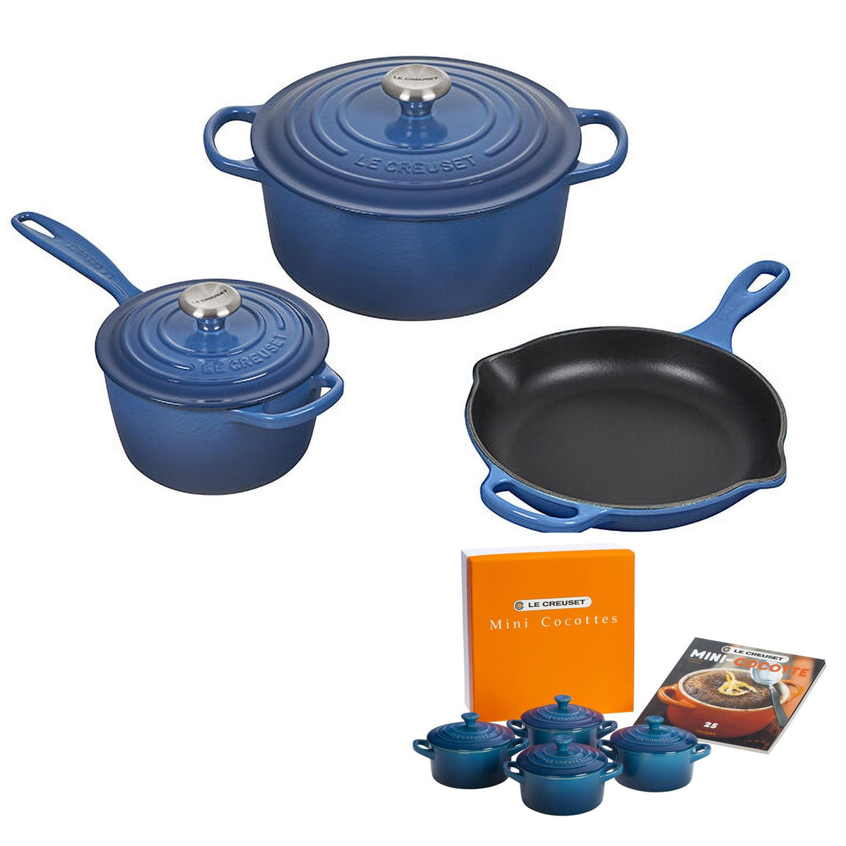 Le Creuset 5pc Cast Iron Cookware w/ 4pk 8oz Mini Cocottes Marseille