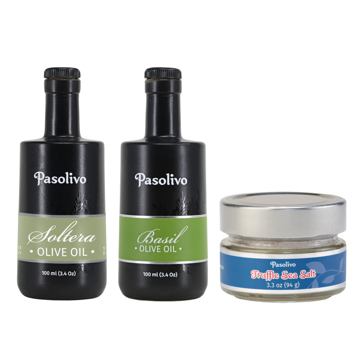 Pasolivo Soltera Extra Virgin Olive Oil & Basil Olive Oil 500mL & Truffle Sea Salt 3.3oz