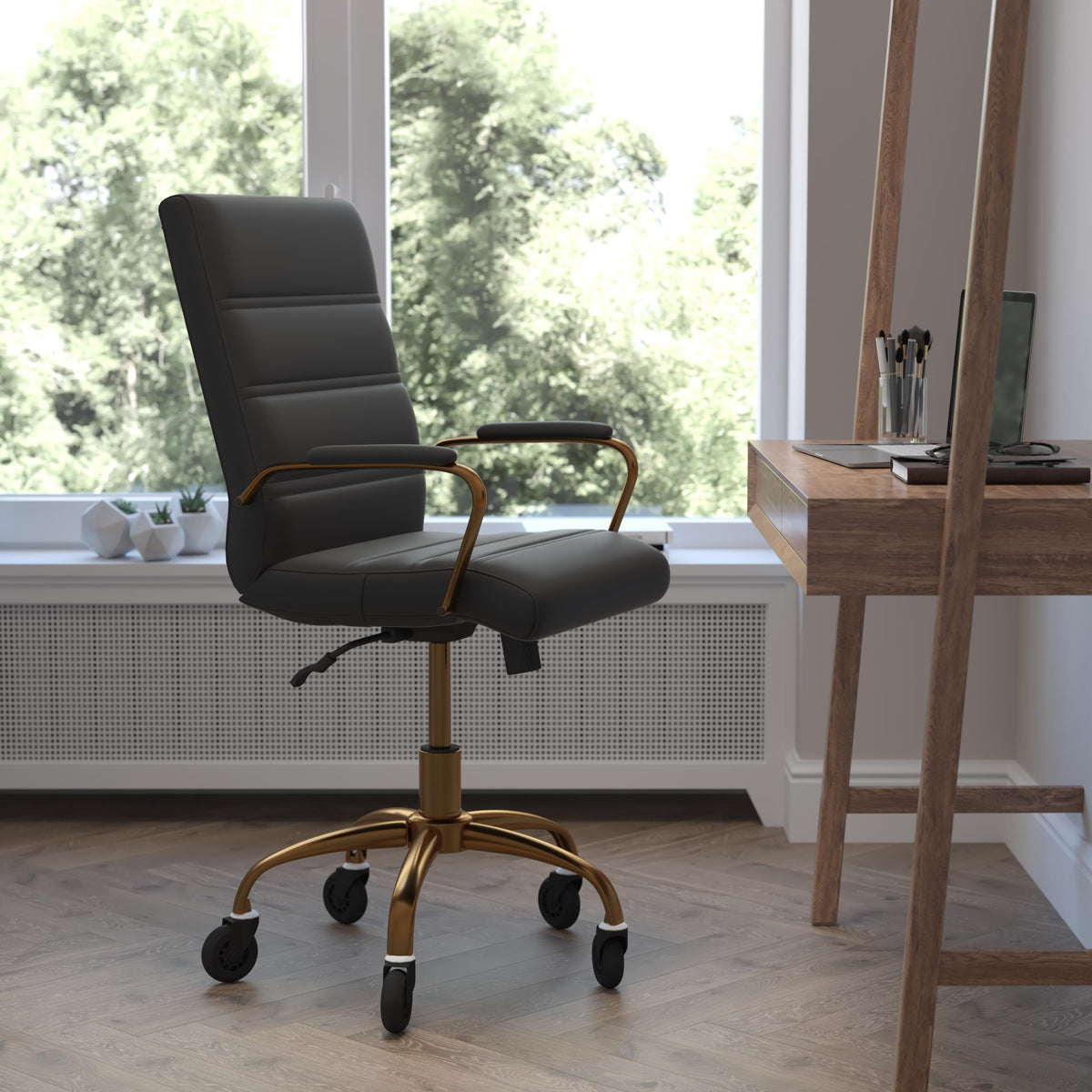 Flash Furniture Executive Chair with Gold Frame & Arms on Skate Wheels - White LeatherSoft