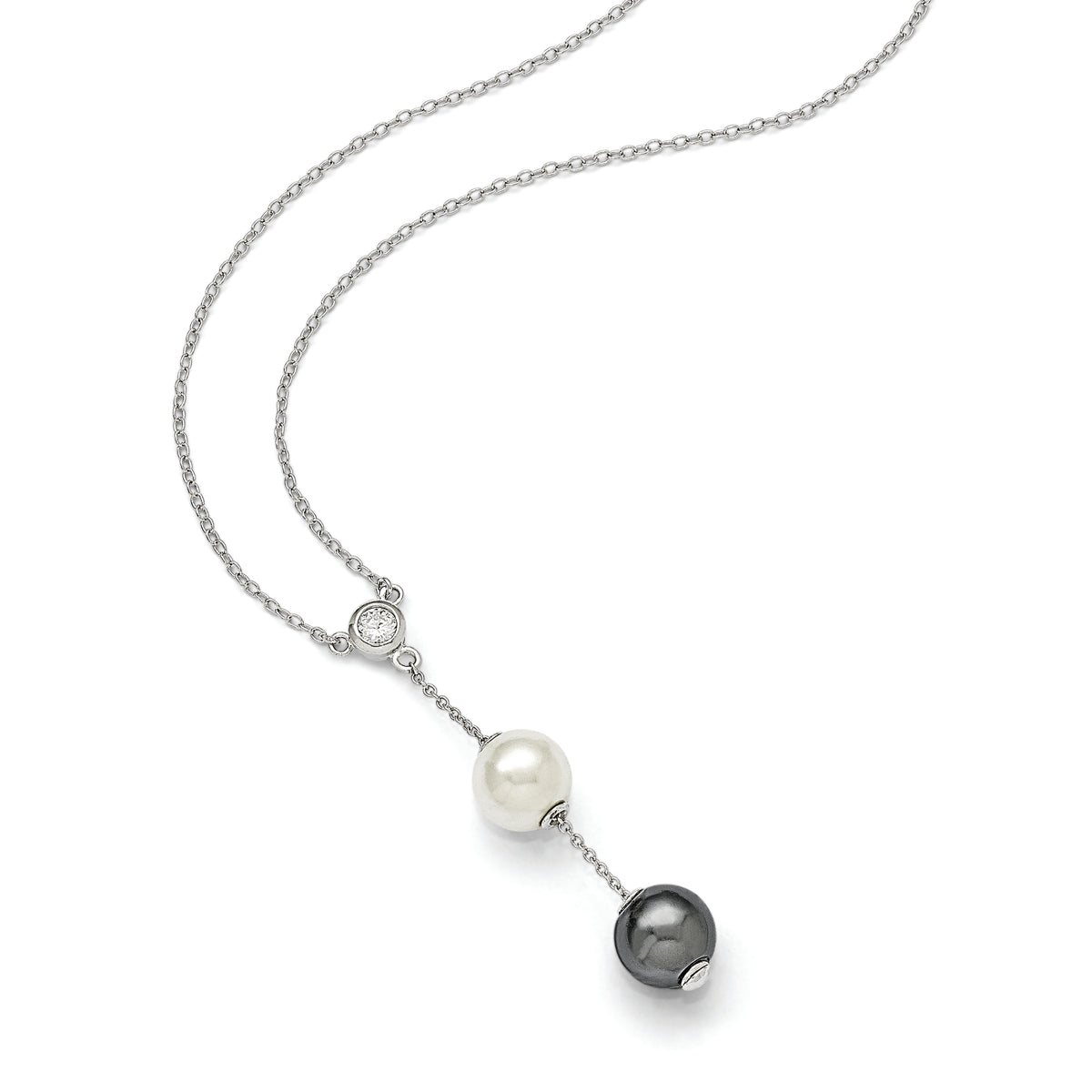 Distinctive Sterling Silver Majestik 10-11mm White/Grey Shell Bead and CZ Necklace